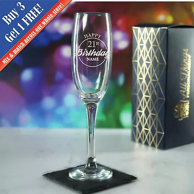 Personalised Engraved  Champagne Flute Happy 21st Birthday Circle Gift Boxed • £11.95