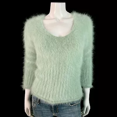 80% Angora Fuzzy Vintage EXPRESS Sage Green V-Neck Pullover Sweater 34 In Bust • $98.99