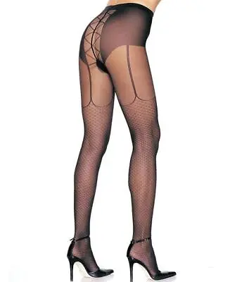 Lycra Sheer Tights With Faux Fishnet Stockings  Suspenders & Corset Back Panty • $10.09