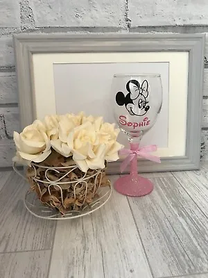 Personalised Glitter Wine Glass Minnie Mouse   Birthday 18th 21st 30th 40th • £7.95