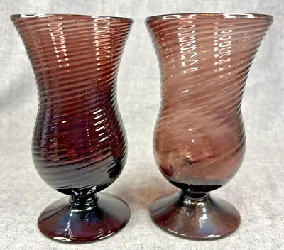 2 Amethyst Mexican Hand Blown Swirl Art Glass 6  Footed Tumblers Goblets • $42.89