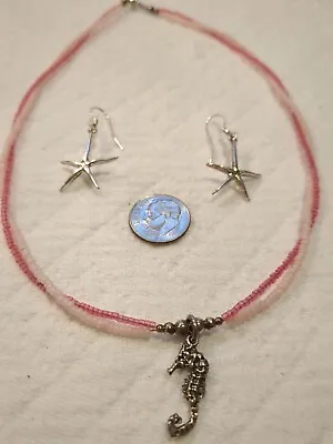 Set Seahorse Necklace Starfish Earrings Sterling Silver 925 • $9.99