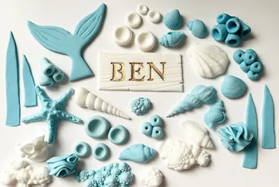 Edible Fondant Under The Sea Cake Topper Set Shells Coral Star Fish Name • £19.99