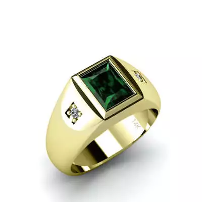 Men's Fashion Ring Solid 14K Yellow Gold 2 Natural Diamonds And Green Emerald Pe • $1049