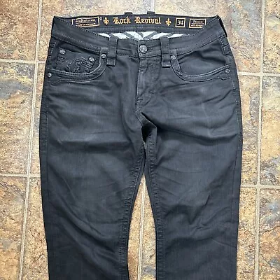 Rock Revival Steven Alt Straight Mens Jeans Size 34x32  Black Flap Pockets Studs • $69.99