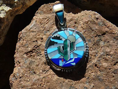 Turquoise Sunset Sky Saguaro Micro Inlay Sterling Silver 925 Pendant NEW C91 • $129.95