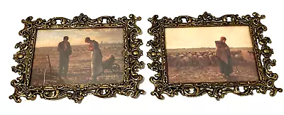 Vintage Pair (2) Farmers Sheep Herder Italian Filigree Brass Wall Pictures 5 X7  • $15.95