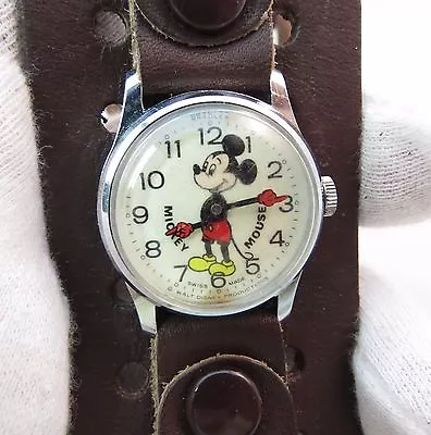 MICKEY MOUSE 70's Bangle Leather Manual Wind RARE! KIDS CHARACTER WATCH 444 • $103.99