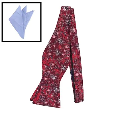 Mens BOW TIE SELF TIE 100% Silk Burgundy Floral Adjustable Bowtie POCKET SQUARE • $12.87