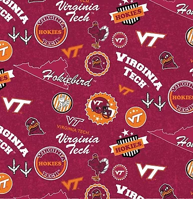 Virginia Tech Hokies Cotton Fabric With Home State Design-By The Yard • $17.99