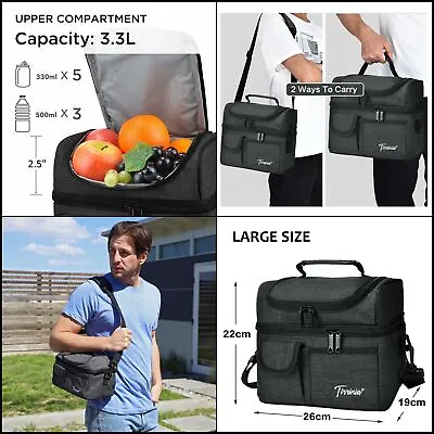 Insulated Cooler Lunch Bag For Men Work Lunch Box Bag With Dual Compartment • £18.20