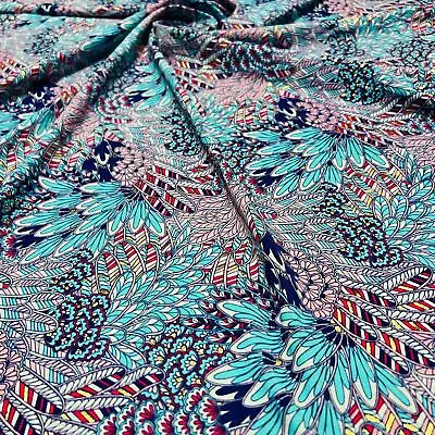 Spandex Fabric 4-Way Stretch Blue Feathers Print Nylon By The Yard For Swimwear • $12.99