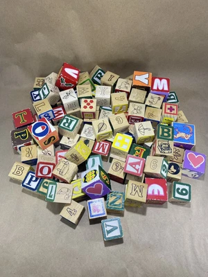 $24 • Buy Lot Of Vtg Wooden Alphabet Blocks Letters Numbers Pictures ~ 100