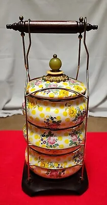Mackenzie Childs Buttercup 3 Tiered Enamel Tiffin With Carry Holder Retired • $150