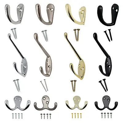 Coat Hooks Twin Robe Door Dress Bathroom Hanger Chrome Brass Nickel Black Screws • £11.75