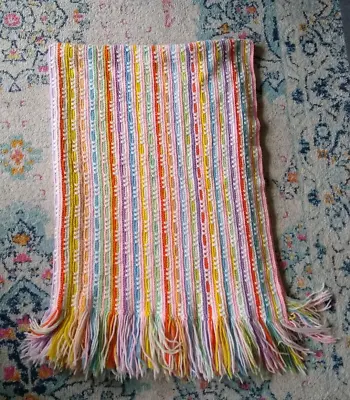 Beautiful Vintage Fringed Crochet Afghan Rainbow Stripe Blanket Throw 76” X 51” • $38.95