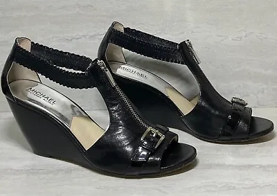 Michael Kors Black Leather Wedge Zip Open Toe Sandals Sz 9M EXCELLENT • $24