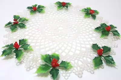 Vintage Christmas Doily White Plastic Lace Green Holly Red Berries 11 1/2  D • $18.99