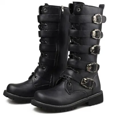 Gothic Mens Punk Rock Biker Knee High Army Combat Buckle Boots Military Shoes G1 • £41.90