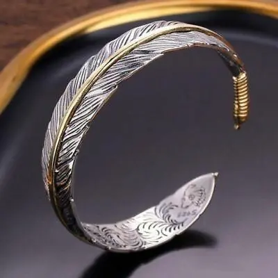 Women Men Retro Vintage 925 Sterling Gold Silver Feather Cuff Bangle Bracelet • $6.70