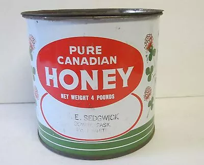  Vintage 4 Lb  Pure Canadian Honey Tin/pail Can E. Sedgwick Govan Saskatchewan • $11.10