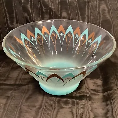 Vintage Retro Atomic Mid-Century Glass Chip Bowl Turquoise And Gold Design • $22.50