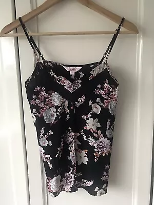 Used Size 6 Petite Miss Selfridge Camisole Top Black With Pink Flowers & Lace • £2.70