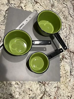 Vintage Enamelware Set Avocado Green Black Handle Trim Saucepots • $19.99