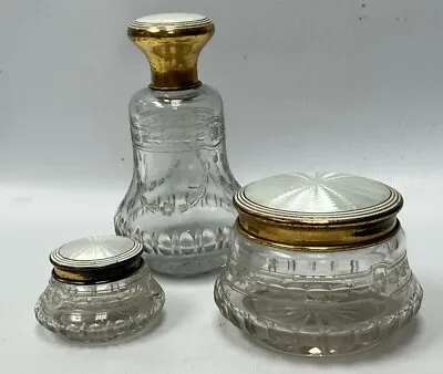 £242.55 • Buy Set Of 3 Guilloche White Enamel Sterling Silver Cut Glass Dresser Jars