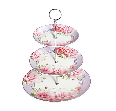 New Fine Bone China Pink Rose 3 Tier Cake Stand Cupcake Stand Silver  • $49.95