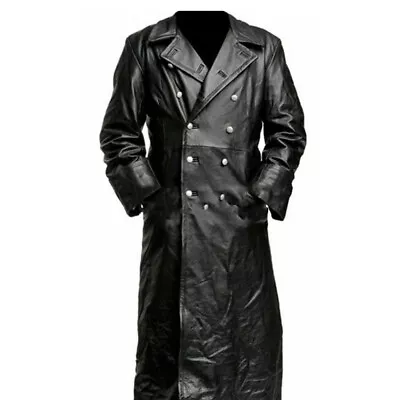 Men Genuine Lambskin Real Leather Long Trench Coat Button Black Classic Jacket • $180.49
