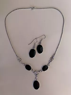 Vintage 16” Van Dell Sterling Silver Onyx Crystal Necklace & Earrings • $72.49