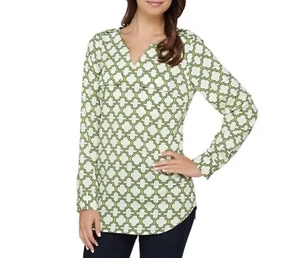 C. Wonder Trellis Long Sleeve Woven Caitlin Blouse Bright Green Size 8 • $14.99