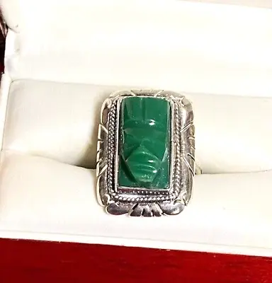 Vintage Mayan Aztec Jade Tribal Face Sterling Silver Ring Size 7 • $25