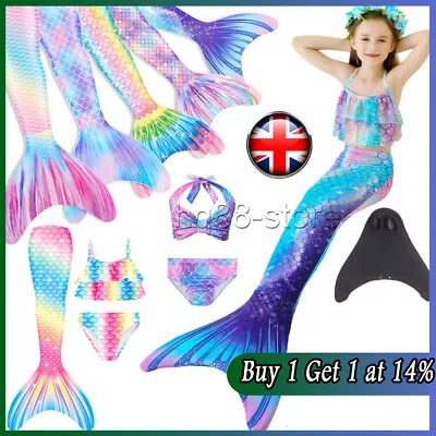 Kid Mermaid Tail With Monofin Swimmable Bikini Set Swimsuit Swimming Costume Lot • £12.26