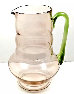 Vintage Watermelon Pink Glass Pitcher Green Handle Depression Ribbed 10  Dunbar • $114.99