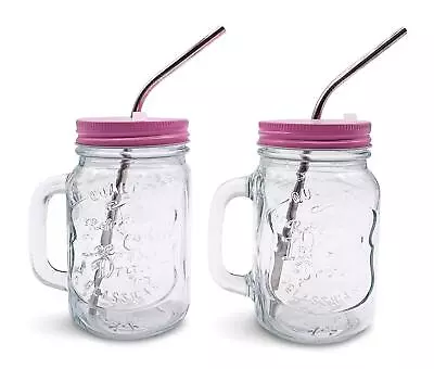 Mason Jar Mugs With Handle Regular Mouth Colorful Lids With 2 Reusable Stai... • $25.43