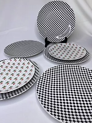 7Pc KAHLA  Black And White Check With 2 Cherry Plates Germany • $50