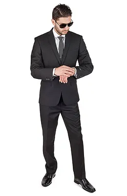 Slim Fit 2 Button Notch Lapel  Flat Front Pants Business Black Suit By AZAR MAN • $99