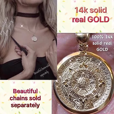 $157.98 • Buy GOLd Aztec 14K Pendant SOLID REAL Mayan Sun Calendar Azteca Necklace Mexic Small