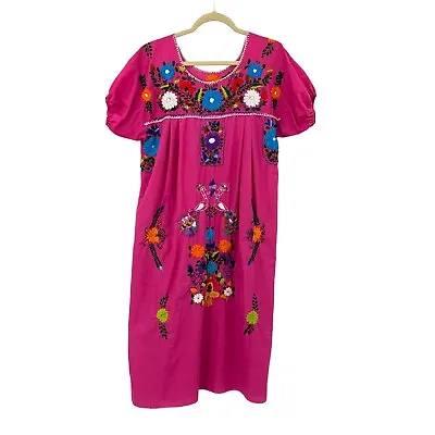 $34.99 • Buy VTG 60s 70s Peacock Embroidered Mexican Midi House Dress Sz S Pink Floral Oaxaca