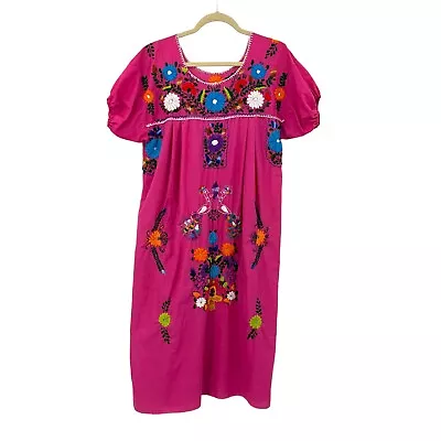 $34.99 • Buy VTG 60s 70s Peacock Embroidered Mexican Midi House Dress Sz S Pink Floral Oaxaca