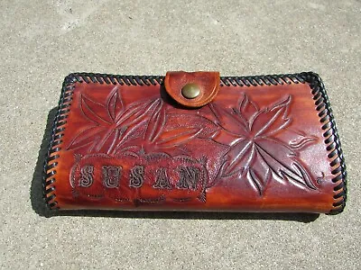 Vintage Floral Hand Tooled Brown Leather  SUSAN  Wallet Change Purse Checkbook • $14.99