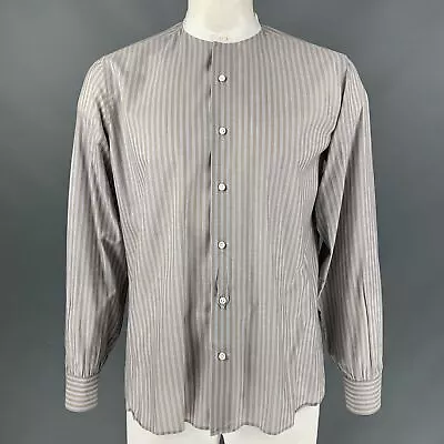 BAMFORD & SONS Size L Taupe White Stripe Cotton Nehru Collar Long Sleeve Shirt • £128.36