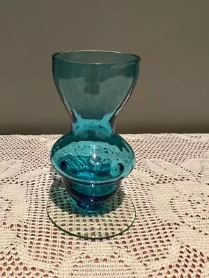 Vintage Retro Small Art Glass Vase - Hyacinth / Bulb Forcing Style - Blue - Vgc • $24