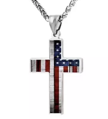 American Flag Patriotic Cross Pendant Necklace Religious Jewelry. • $12.95