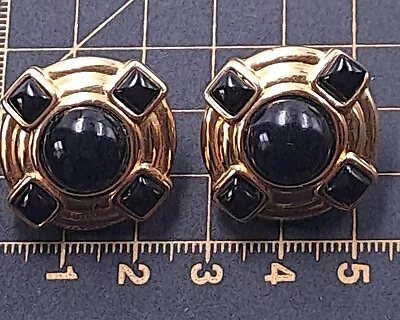 Vintage Monet Clip On Earrings Round Gold Tone Black Acrylic Cabochons Signed • $22.74