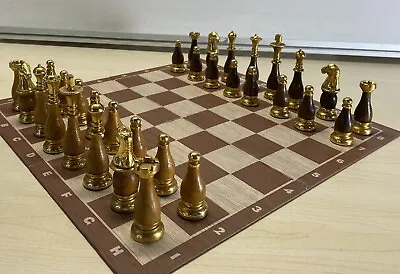 Vtg Walnut & Oak Chess 32 Piece Set Brass Metal Weighted W/ Folding Board - READ • $129.95