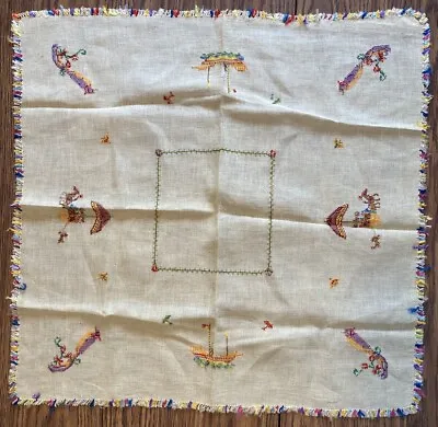 Vintage Hand Stitched Embroidered Tablecloth Birds Carriages Fringe Trim • $19.97