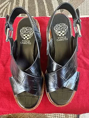 Vince Camuto Platform Sandals Black Wedge Faux Leather Croc Espadrille Women 7m • $42.99